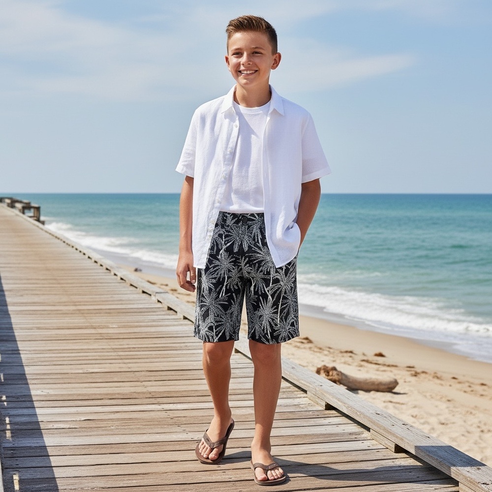 NWT GAP Boys Linen Blend Palm Print Pull On Shorts Casual Summer Vacation Husky
